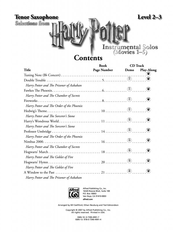 Harry Potter Instrumental Solos【CD+樂譜】Tenor Saxophone, Selections from Movies 1-5 , Level 2-3