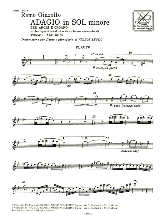 R. Giazotto／Tomaso Albinoni【Adagio in sol minore】per Flauto e Pianoforte