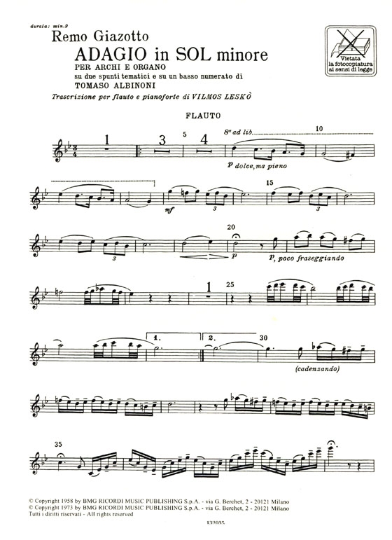 R. Giazotto/Tomaso Albinoni【Adagio in sol minore】per Flauto e Pianoforte R. Giazotto/Tomaso Albinoni【Adagio in sol minore】per Flauto e Pianoforte