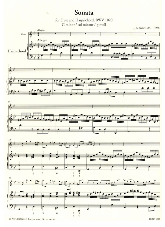 J. S. Bach Sonata【CD+樂譜】for Flute and Harpsichord , G Minor, BWV 1020