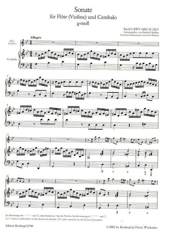 J.S. Bach【Sonate g-moll , BWV 1020 / H. 542.5】Für Flöte (Violine) und Cembalo
