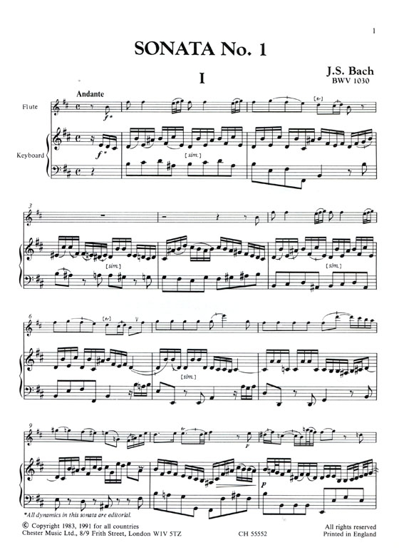 J. S. Bach【Six Sonatas , BWV 1030 - BWV 1032】for Flute and Keyboard ,Book One , Nos 1-3