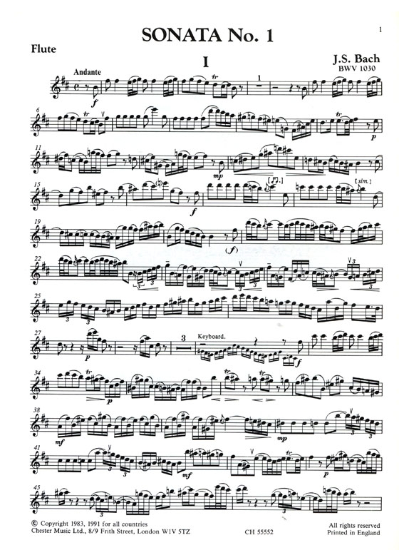 J. S. Bach【Six Sonatas , BWV 1030 - BWV 1032】for Flute and Keyboard ,Book One , Nos 1-3