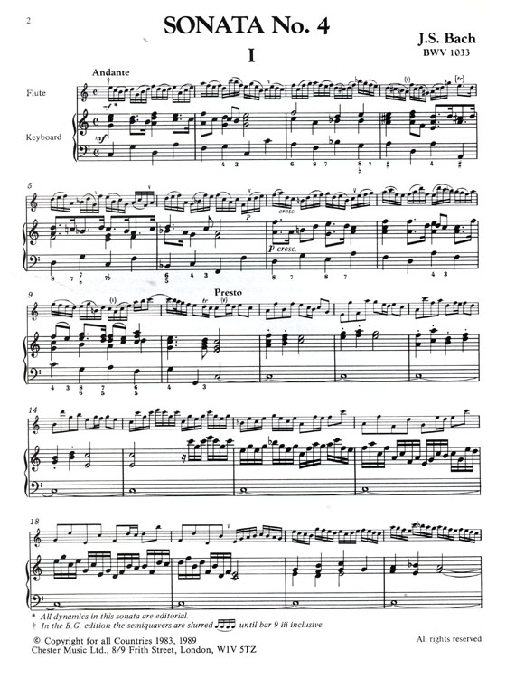 J. S. Bach【Six Sonatas , BWV 1033 - BWV 1035】for Flute and Keyboard ,Book Two , Nos 4-6