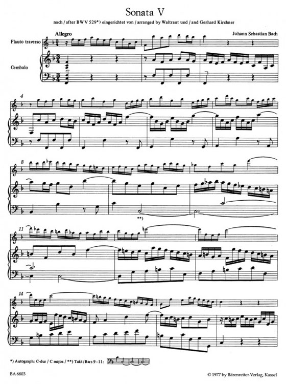 J.S. Bach【Sechs Sonaten nach BWV 525-530】für Flöte und obligates Cembalo , Heft Ⅲ : Sonaten 5 und 6