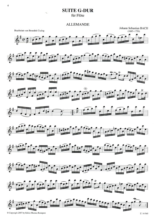 J.S. Bach【Suite G-DUR , BWV 817】für Flöte