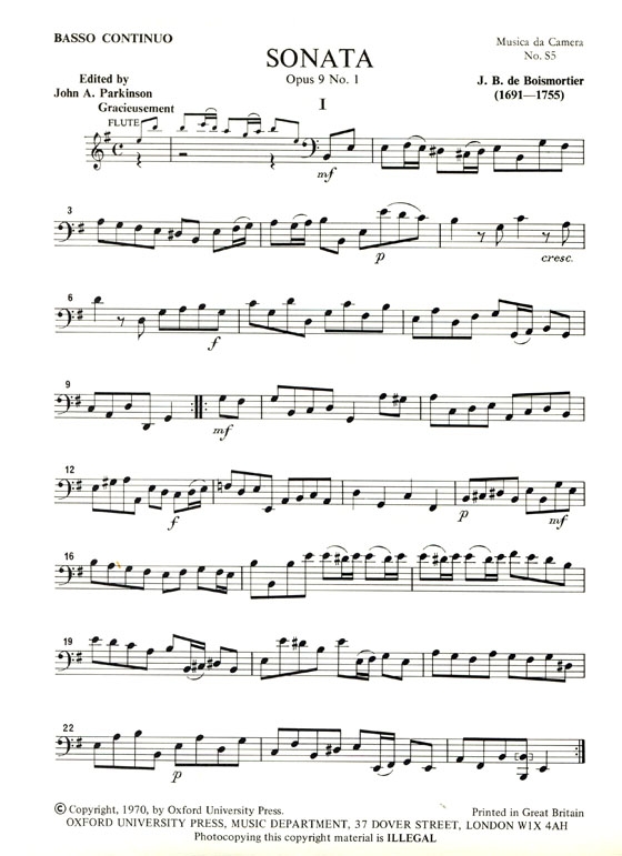 J.B. de Boismortier【Sonata in E minor Opus 9 , No. 1】for Flute and basso continuo