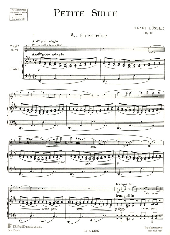 Henri Büsser【Petite Suite , Op. 12】pour Flûte et piano