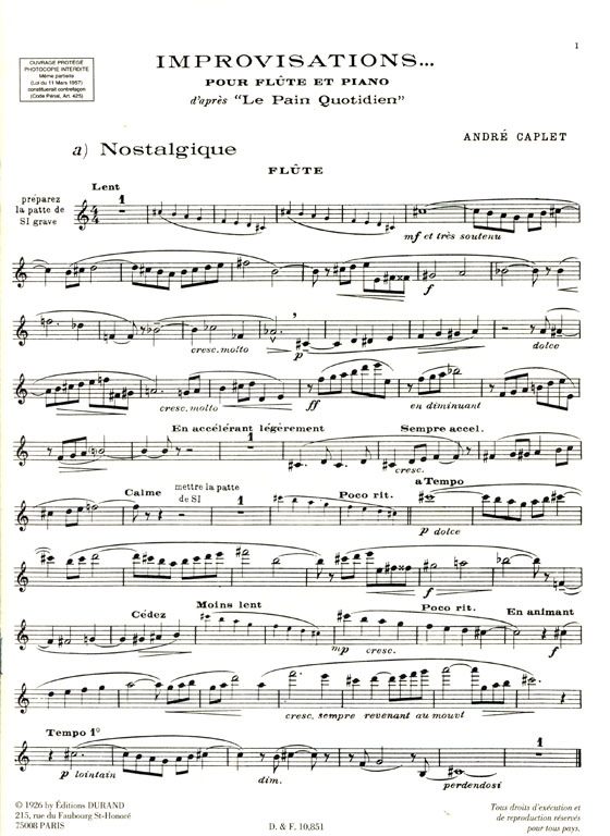 André Caplet【Improvisations...】d'après Le Pain quotidien pour Flûte et Piano
