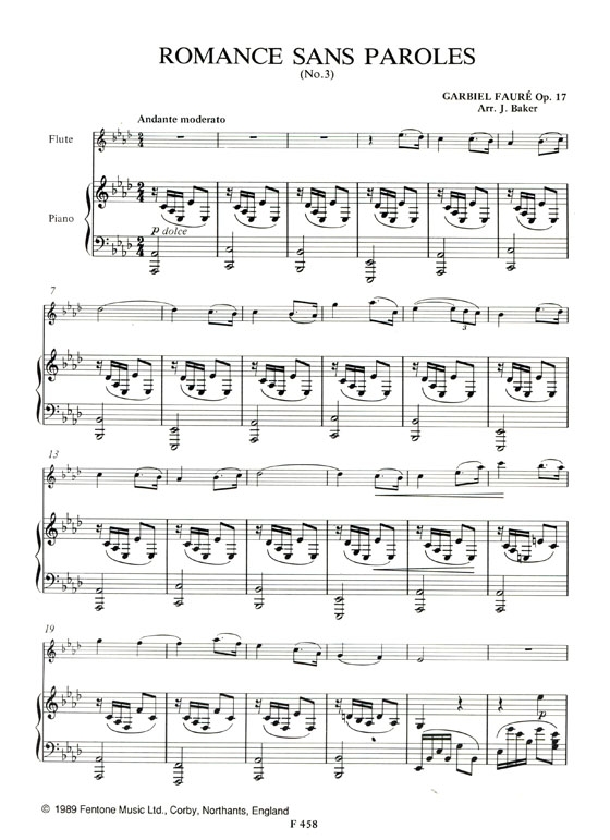 Faure【Romance Sans Paroles , No. 3】for Flute and Piano