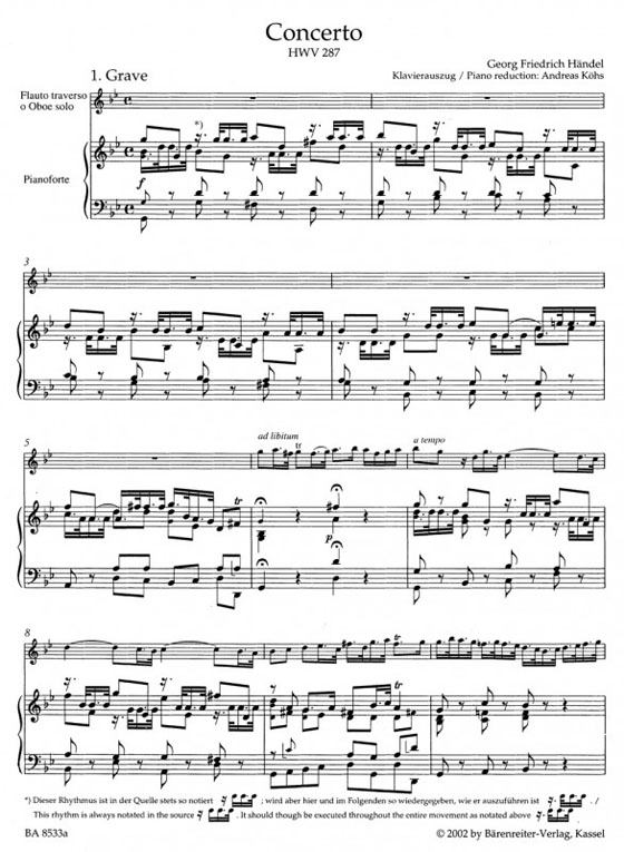 Händel【Konzert in g-Moll , HWV 287 】für Flöte (Oboe) und Orchester , Klavierauszug