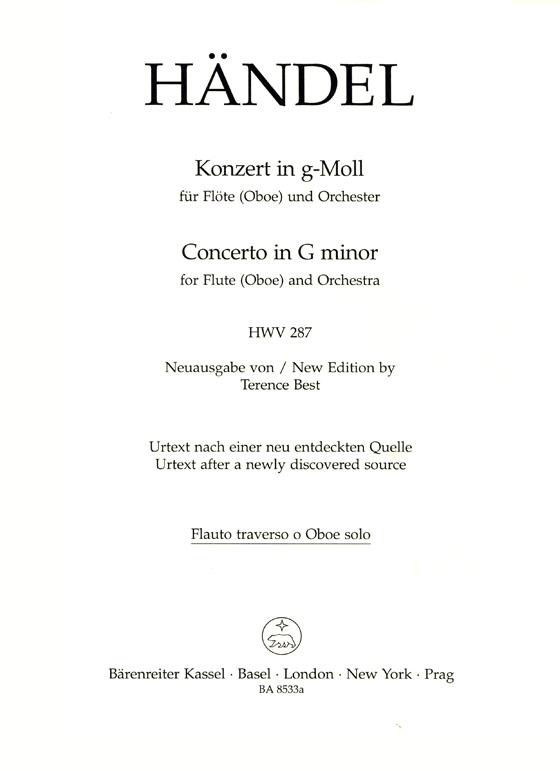 Händel【Konzert in g-Moll , HWV 287 】für Flöte (Oboe) und Orchester , Klavierauszug