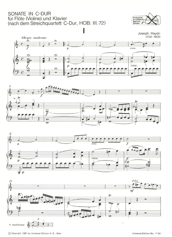 Joseph Haydn【Sonate in C-Dur】für Flöte (Violine) und Klavier