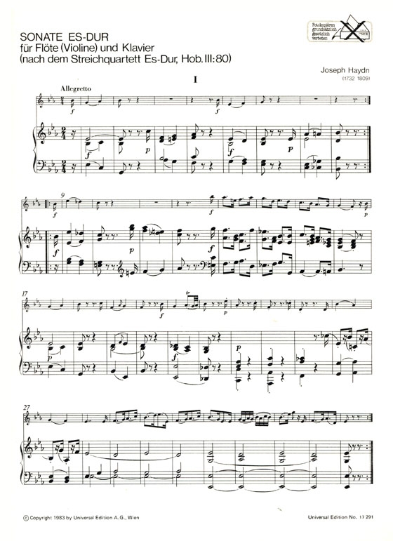Joseph Haydn【Sonate Es-Dur】für Flöte (Violine) und Klavier