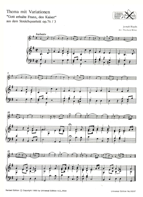 Joseph Haydn【Thema mit Variationen , Gott erhalte Franz, den Kaiser】für Flöte und Klavier
