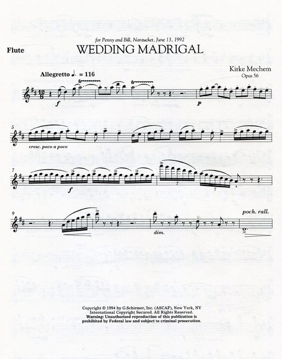 Kirke Mechem【Wedding Madrigal】for Flute and Piano