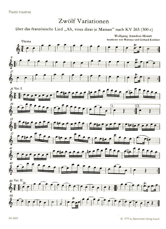 Mozart【Zwölf Variationen über das französische Lied －Ah, vous dieai-je Mamen nach KV 265(300e)】für Flöte und Klavier(Cembalo)