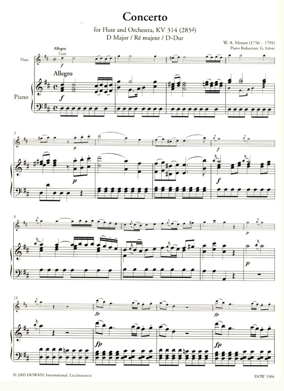 W.A. Mozart Concerto , KV 314 (285d) D Major【CD+樂譜】for Flute and Orchestra