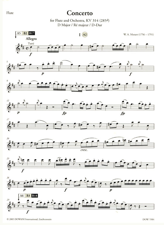 W.A. Mozart Concerto , KV 314 (285d) D Major【CD+樂譜】for Flute and Orchestra