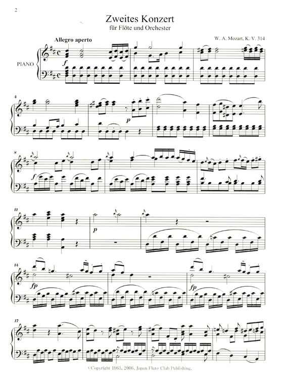 W.A. Mozart【Konzert Nr. 2 (D-dur)  , K.V. 314】für Flöte und Orchester