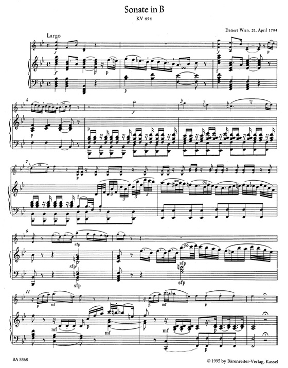 Mozart【Sonate in B , KV 454】bearbeitet für Flöte und Klavier