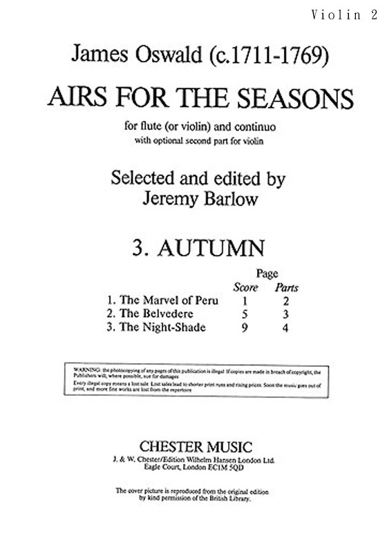 James Oswald【Airs for the Seasons】for Flute (or Violin) and continuo with optional second part for Violin