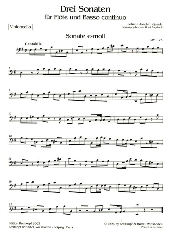 Quantz【Drei Sonaten, QV 1: 75, QV 1: 114, QV 1: 150 】für Flöte und Basso continuo
