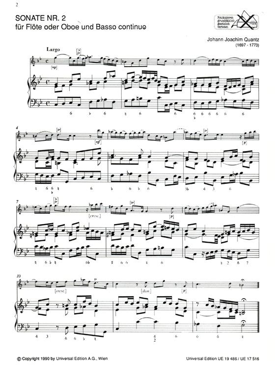 J.J. Quantz【Sonate Nr. 2】für Flöte oder Oboe und Basso continuo