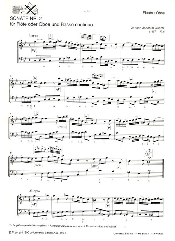 J.J. Quantz【Sonate Nr. 2】für Flöte oder Oboe und Basso continuo