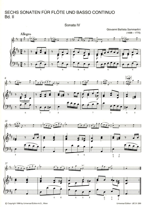 Giovanni Battista Sammartini【Sechs Sonaten , Bd.Ⅱ (Nr. 4-6)】für Flöte und Basso continuo