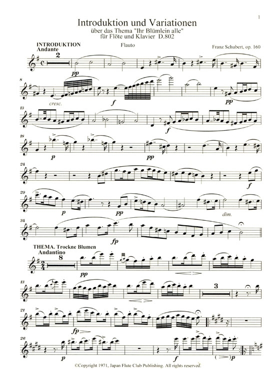 F. Schubert【Introduktion und Variationen über das Thema Ihr Blümlein alle , D. 802 Op. 160】für Flöte und Klavier