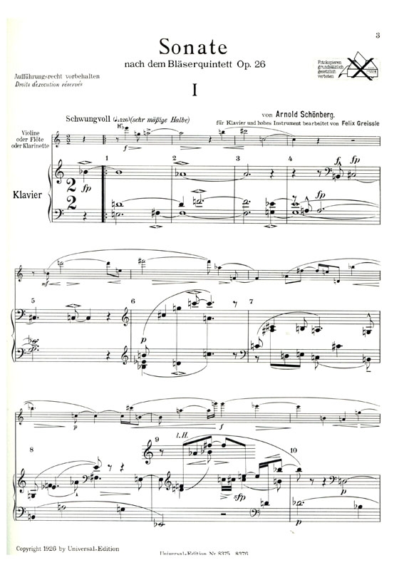 Schoenberg【Sonate nach dem Bläserquintett , Op. 26】für Violine (oder Flöte) und Klavier