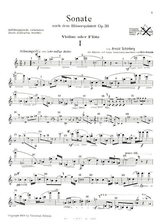 Schoenberg【Sonate nach dem Bläserquintett , Op. 26】für Violine (oder Flöte) und Klavier