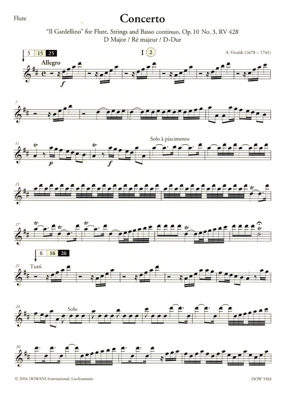 A. Vivaldi【CD+樂譜】Concerto  D Major , Op. 10 No. 3, RV 428 《Il Gardellino》For flute, Strings and Basso continuo