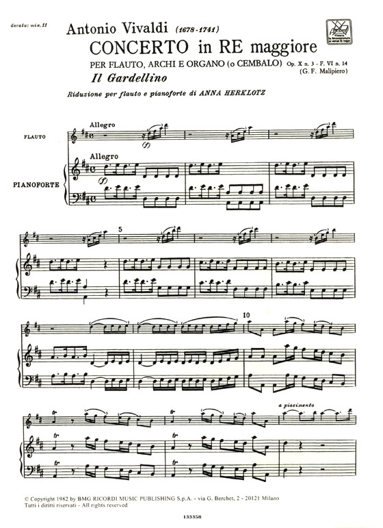 A. Vivaldi【Concerto in re maggiore , Il Gardellino Op.X, 3-FVI, 14 , RV 428】Riduzione per flauto e pianoforte