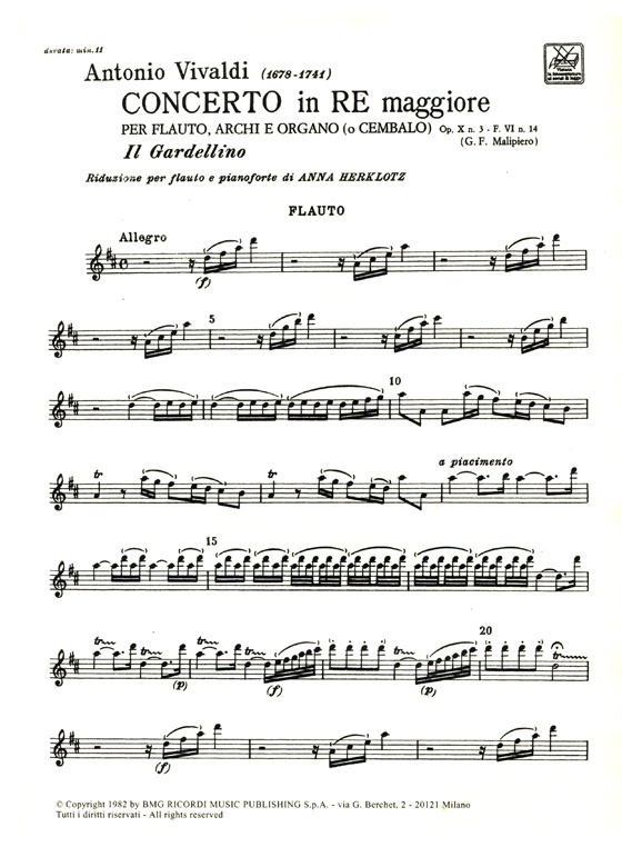 A. Vivaldi【Concerto in re maggiore , Il Gardellino Op.X, 3-FVI, 14 , RV 428】Riduzione per flauto e pianoforte