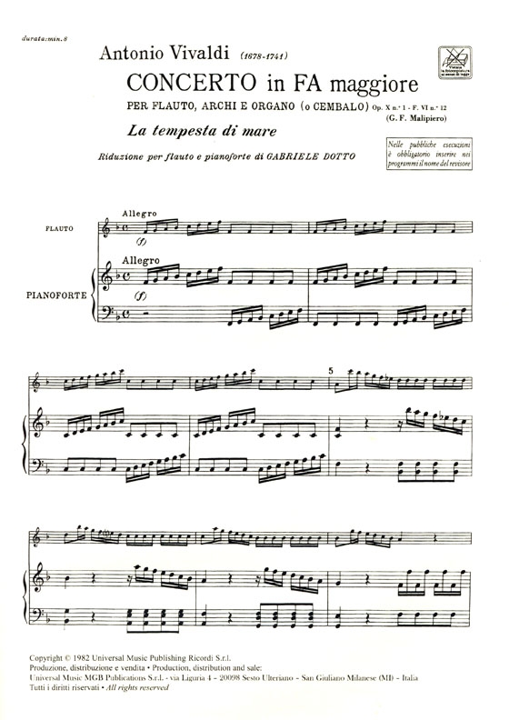 A. Vivaldi【Concerto in fa maggiore , La tempesta di mare Op.X, 1-F VI,12 , RV 433】Riduzione Flauto e Pianoforte