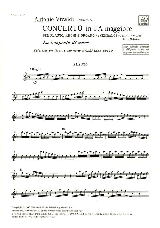 A. Vivaldi【Concerto in fa maggiore , La tempesta di mare Op.X, 1-F VI,12 , RV 433】Riduzione Flauto e Pianoforte