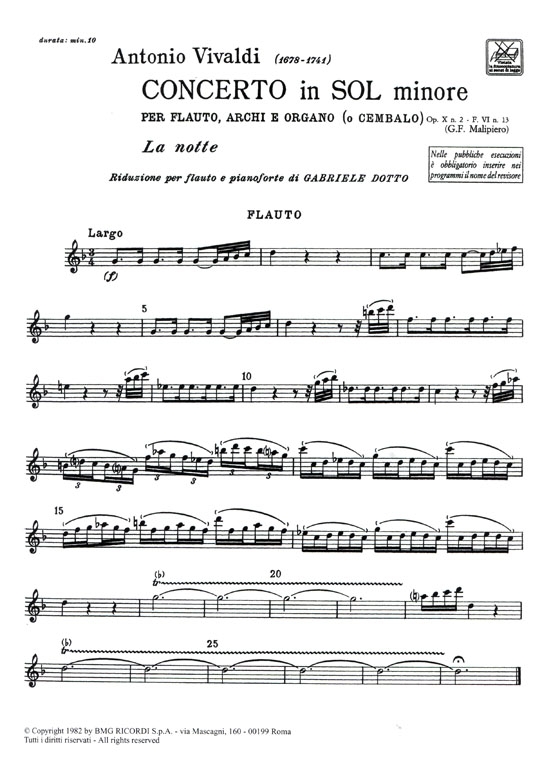 Antonio Vivaldi【Concerto in Sol Minore La Notte Op.X, 2-F VI, 13 , RV 439】Riduzione per Flauto e Pianoforte