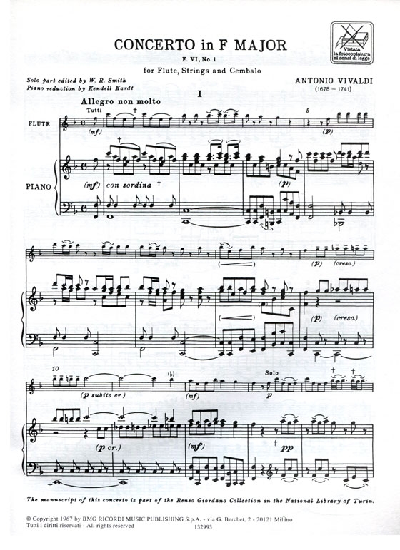 A. Vivaldi【Concerto in fa major F VI, 1 , RV 442】Riduzione per Flauto e Pianoforte