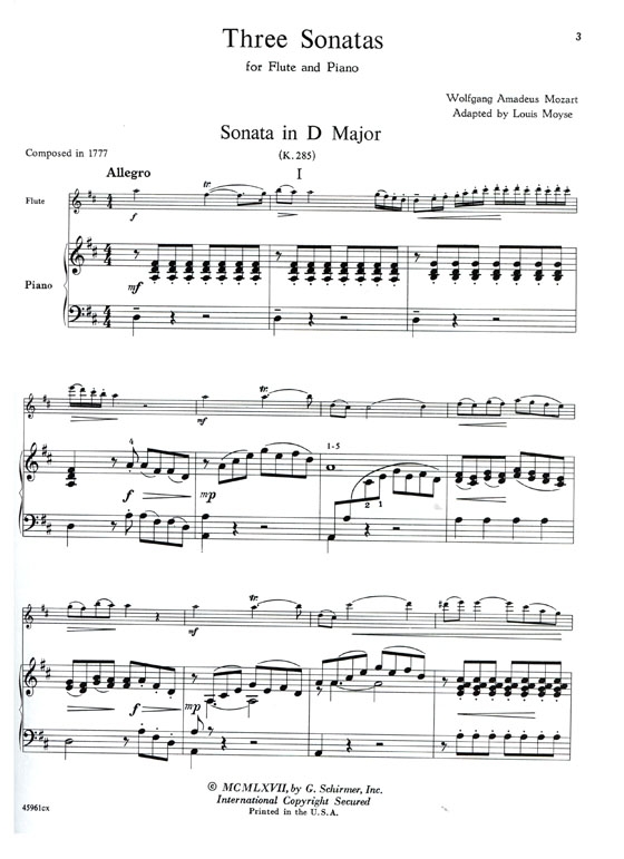 Wolfgong Amadeus Mozart【Three Sonatas , K285 ,K 285b ,K 298】for Flute and Piano