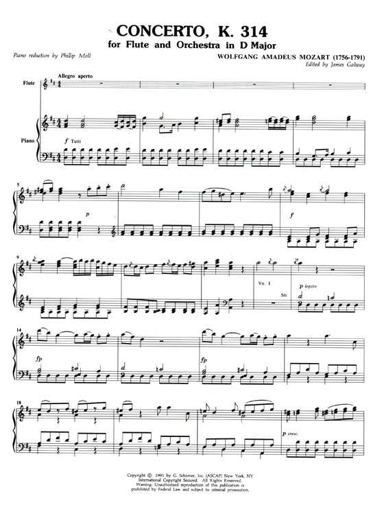 Wolfgong Amadeus Mozart【Concerto in D Major , K 314】for Flute and Piano Wolfgong Amadeus Mozart【Concerto in D Major , K 314】for Flute and Piano