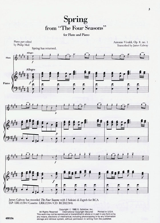 Antonio Vivaldi【The Four Seasons , Spring , Op. 8 , No. 1】Transcribed for Flute and Piano