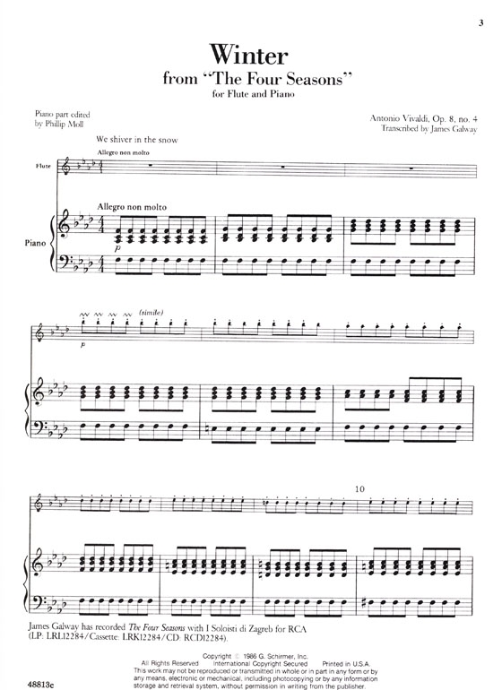 Antonio Vivaldi【The Four Seasons , Winter , Op. 8 , No. 4】Transcribed for Flute and Piano