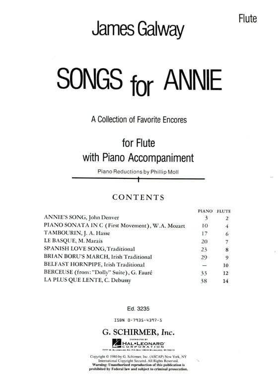 James Galway【Songs for Annie】for Flute with Piano Accompaniment