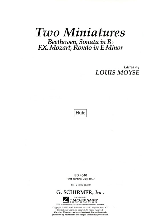 Two Miniatures【Beethoven , Sonata in B♭、Mozart , Rondo in E Minor】Flute and Piano
