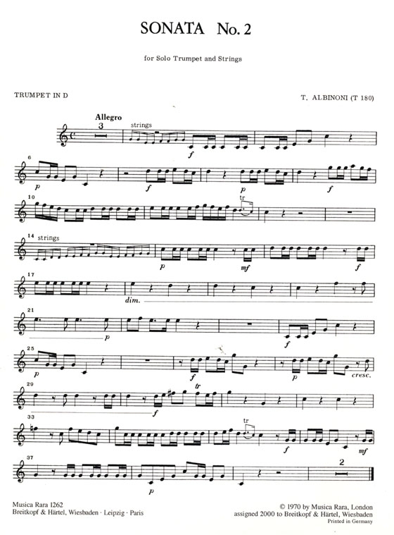 Tomaso Albinoni【Sonata No.  2 in D】for Trumpet, Strings and Basso Continuo