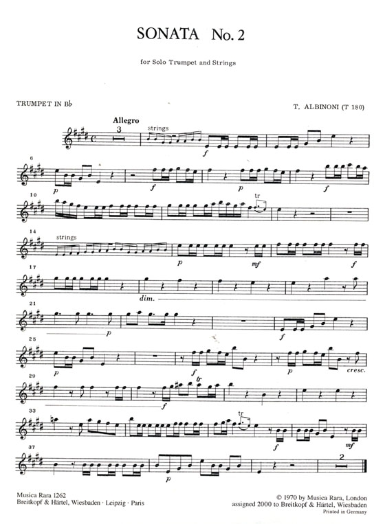 Tomaso Albinoni【Sonata No.  2 in D】for Trumpet, Strings and Basso Continuo