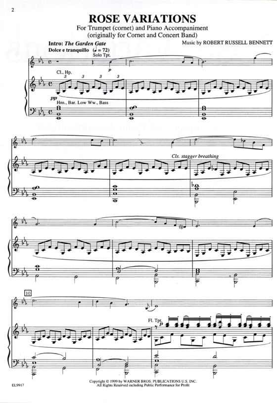 Robert Russell Bennett【Rose Variations】for Trumpet (Cornet) and Piano Accompaniment