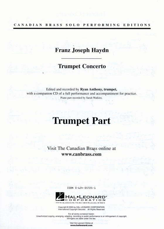 Haydn Trumpet Concerto for Trumpet & Piano【CD+樂譜】Canadian Brass Solo Performing Edition